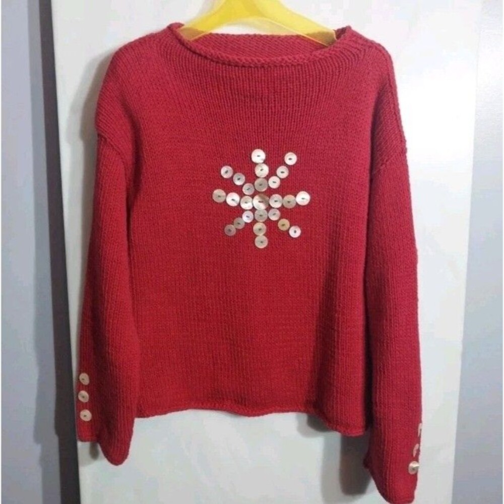 Vintage Pure Handknit Sweater M/L Red Cotton Shell Button Boho Art Knit